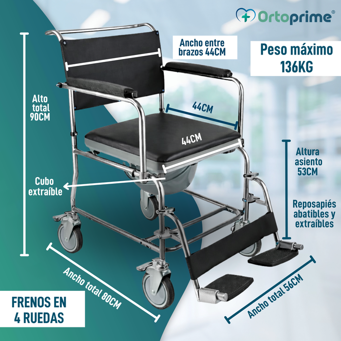 Silla Ducha WC con Ruedas y Freno | Silla Inodoro Acolchada