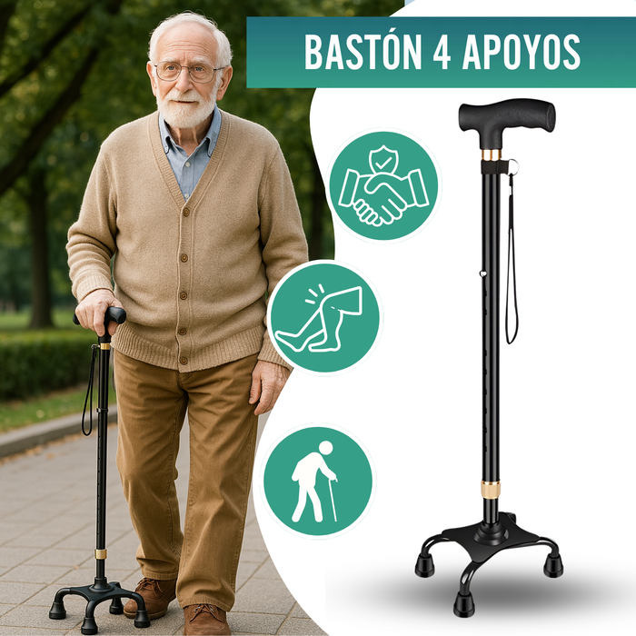 Bastón Cuadrípode 4 patas Regulable | Con Contera Convertible