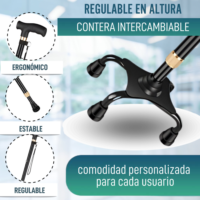 Bastón Cuadrípode 4 patas Regulable | Con Contera Convertible