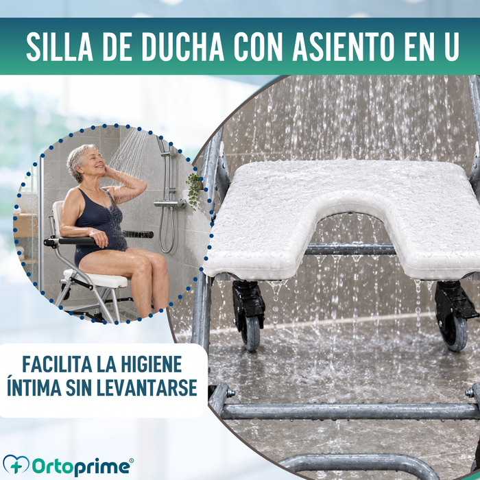 Silla de Ducha y Baño Plegable con Ruedas | Asiento U Higiénico
