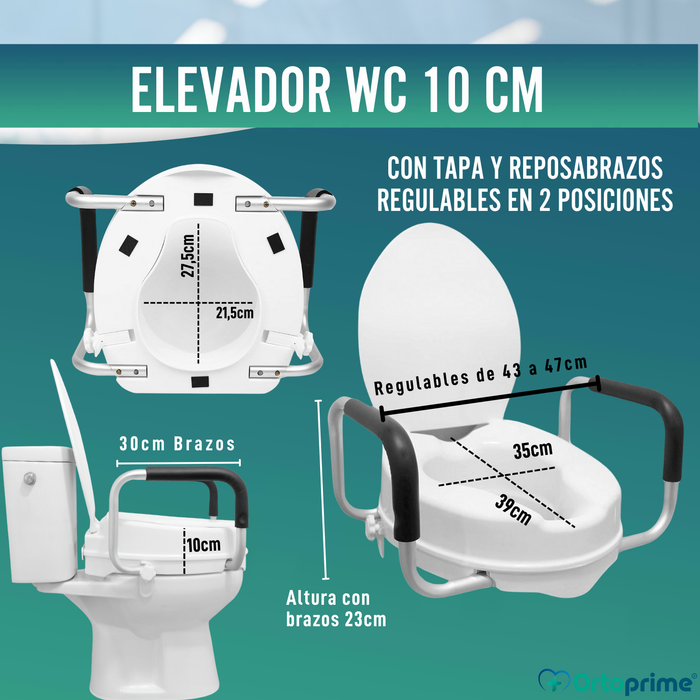 Elevador WC Adulto 10cm Tapa y Brazos | Alzador WC Universal