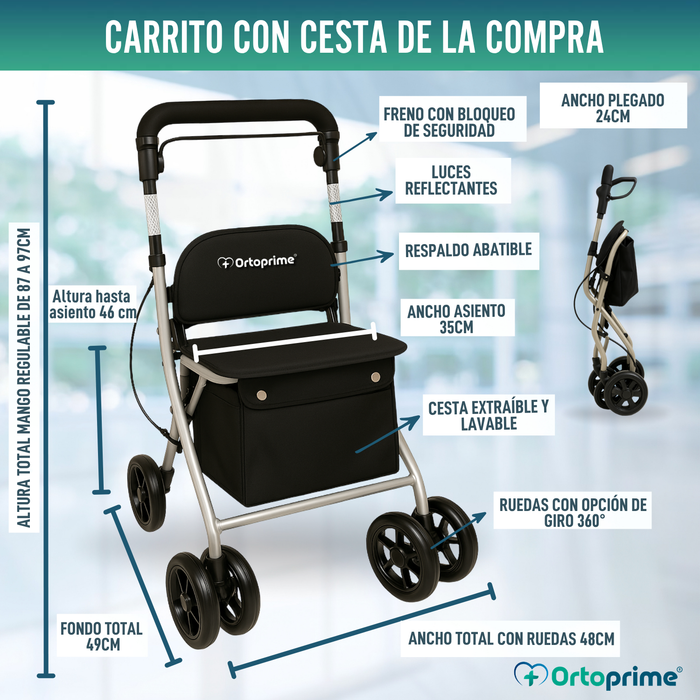 Andador Adultos Plegable Rollator con Carro de la Compra