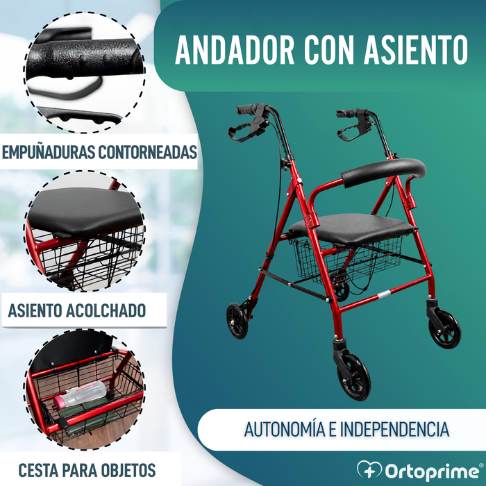 Andador para Ancianos Plegable Cuatro Ruedas | Freno Maneta Asiento Cesta