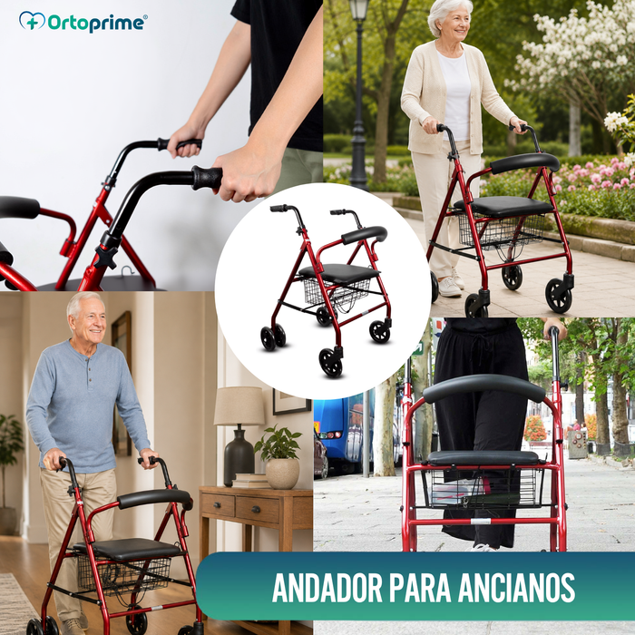 Andador para Ancianos Plegable Rollator Cuatro Ruedas Freno a la Carga