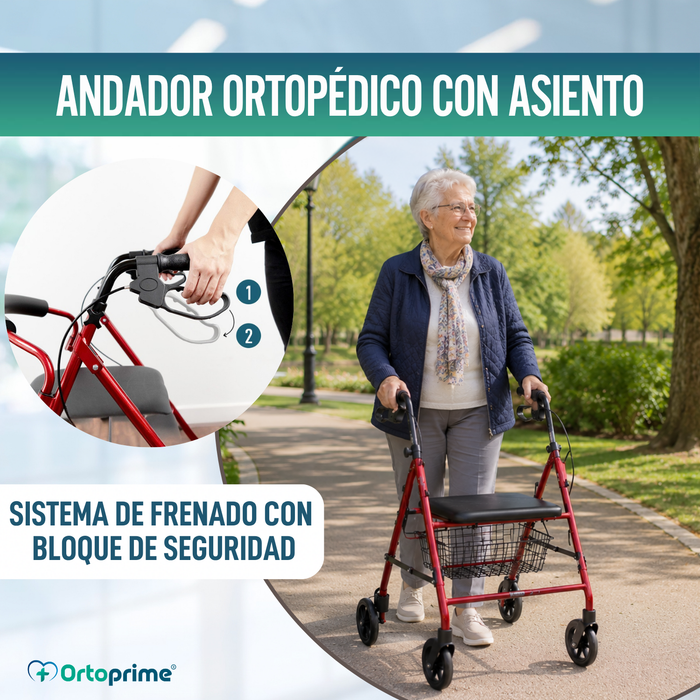 Andador para Ancianos Plegable Cuatro Ruedas | Freno Maneta Asiento Cesta
