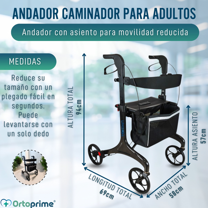 Andador para Adultos Plegable con Asiento | Fibra de Carbono