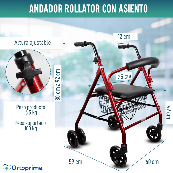 Andador para Ancianos Plegable Rollator Cuatro Ruedas Freno a la Carga