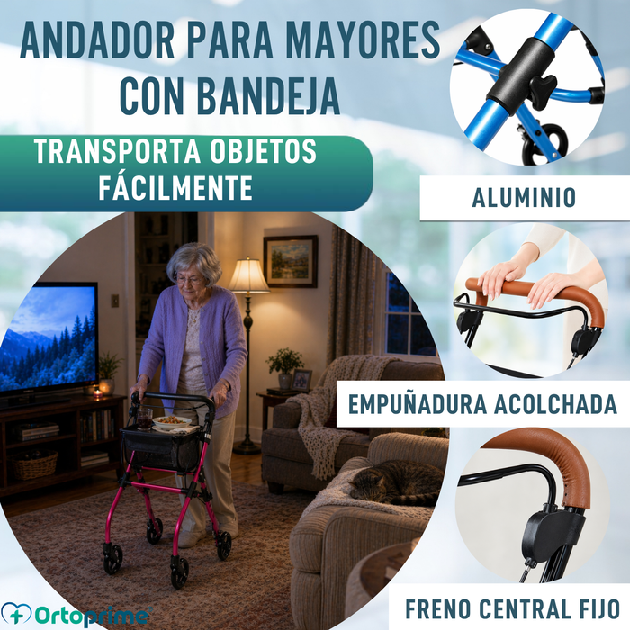 Andador Rollator Plegable de Interior con Bandeja Portaobjetos