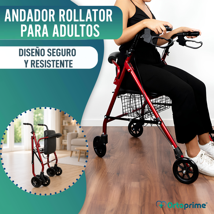 Andador para Ancianos Plegable Cuatro Ruedas | Freno Maneta Asiento Cesta