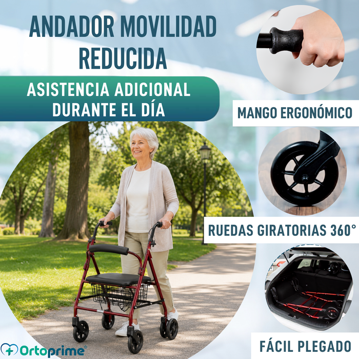 Andador para Ancianos Plegable Rollator Cuatro Ruedas Freno a la Carga