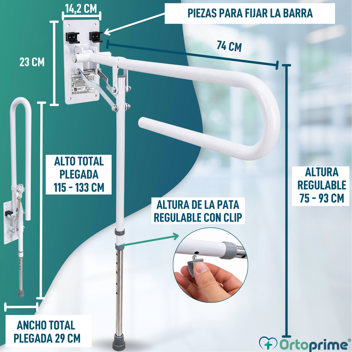 Barra de Baño Abatible con Pata Regulable | Asidero para Baño