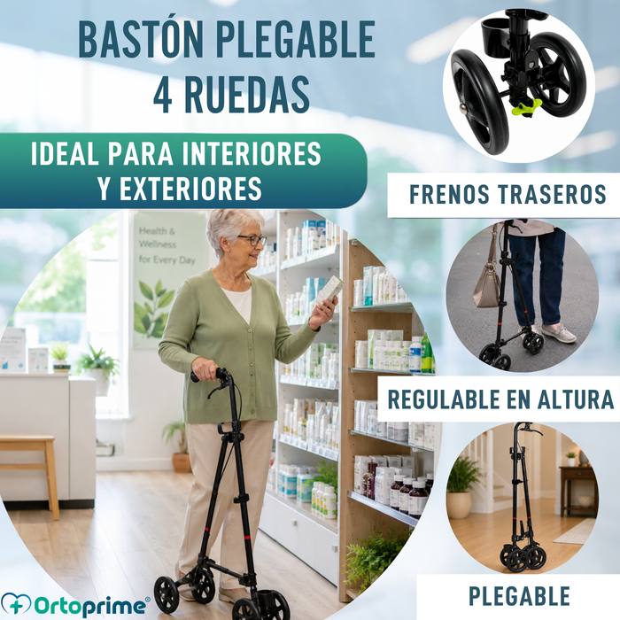Bastón de 4 Ruedas con Freno Trasero | Regulable en Altura