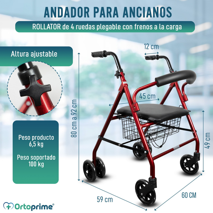 ALQUILER MENSUAL Andador Ortopédico Plegable Rollator Cuatro Ruedas