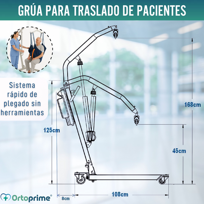 Grúa Robusta para Movilizar Pacientes con Arnés en 2 Tallas