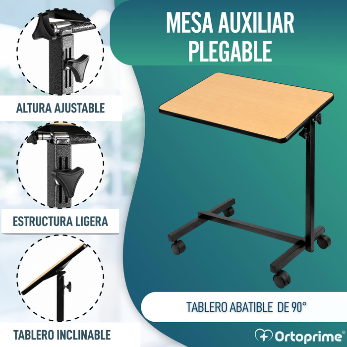 Mesa Auxiliar Plegable con Altura Regulable Tablero Abatible 90°