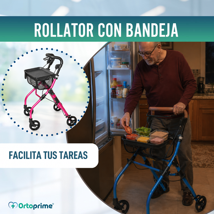 Andador Rollator Plegable de Interior con Bandeja Portaobjetos
