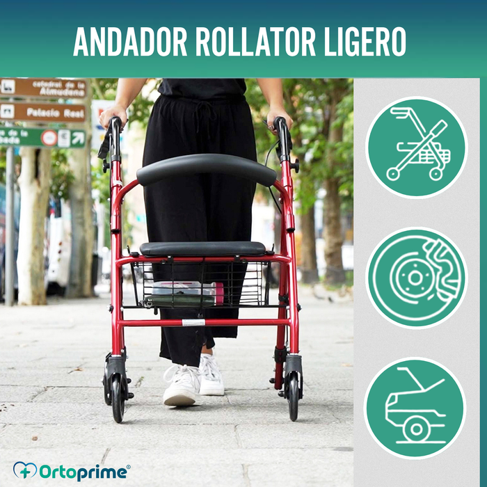 Andador para Ancianos Plegable Cuatro Ruedas | Freno Maneta Asiento Cesta