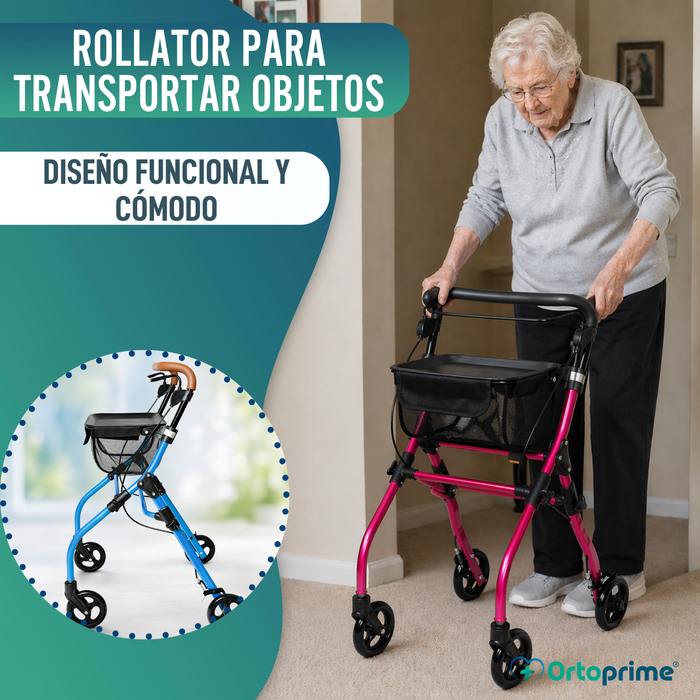 Andador Rollator Plegable de Interior con Bandeja Portaobjetos