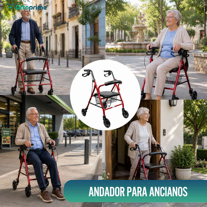 Andador para Ancianos Plegable Cuatro Ruedas | Freno Maneta Asiento Cesta