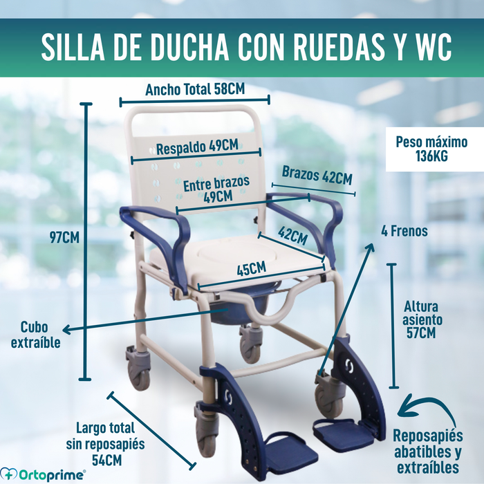 Silla Ducha WC Adultos Brazos y Pies Abatibles | Inodoro Portátil